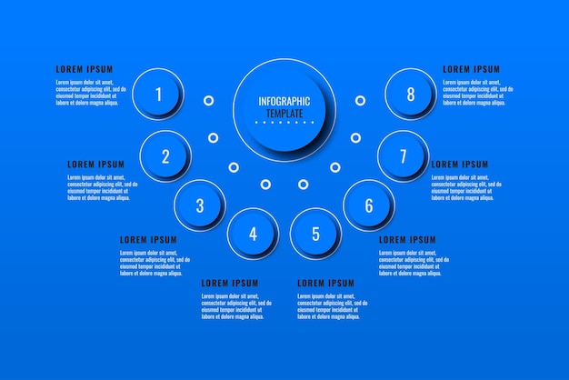 Plantilla de infografía horizontal con ocho elementos redondos azules sobre un fondo azul