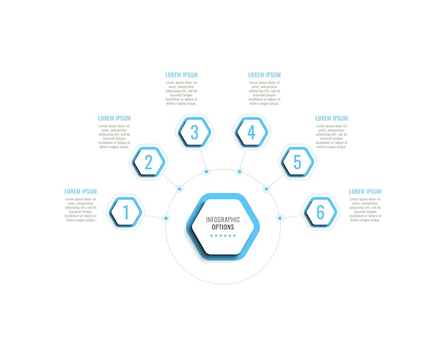 Plantilla de infografía horizontal con seis elementos hexagonales de color azul claro sobre un fondo blanco