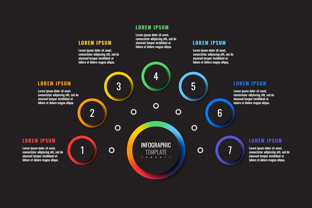 Plantilla de infografía horizontal con siete elementos redondos multicolores sobre un fondo negro