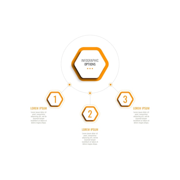 Vector plantilla de infografía horizontal de tres pasos con elementos hexagonales naranjas sobre un fondo blanco