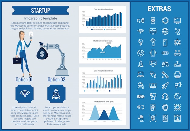 Plantilla de infografía de inicio, elementos e iconos