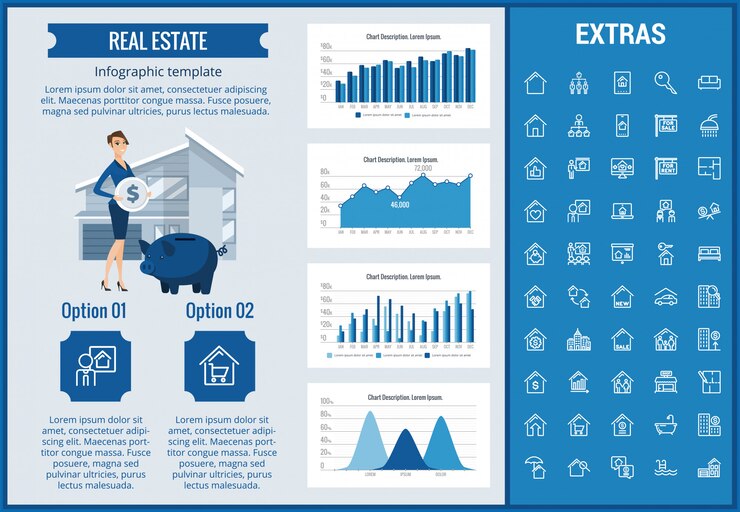 Vector plantilla de infografía inmobiliaria, elementos, iconos