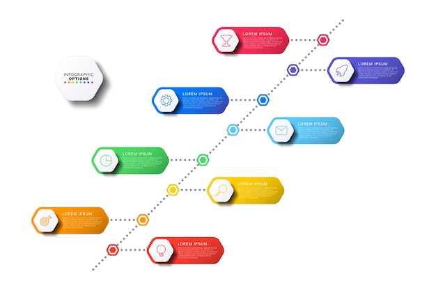 Plantilla de infografía de línea de tiempo diagonal con ocho elementos hexagonales multicolores sobre fondo blanco