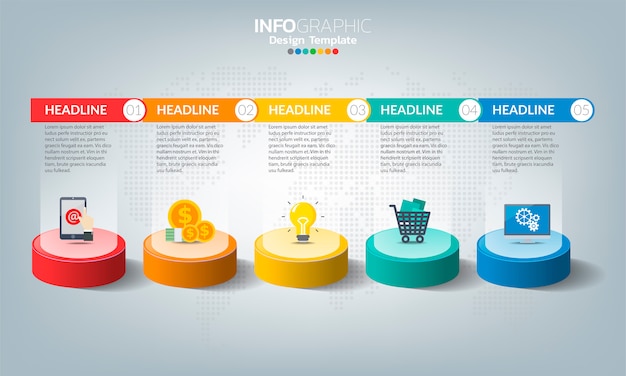 Plantilla de infografía de línea de tiempo con flechas y diseño plano de 5 opciones