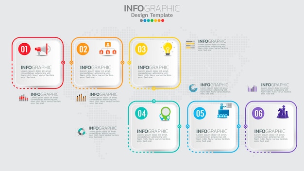 Plantilla de infografía de línea de tiempo con gráfico de proceso de flujo de trabajo de 6 elementos