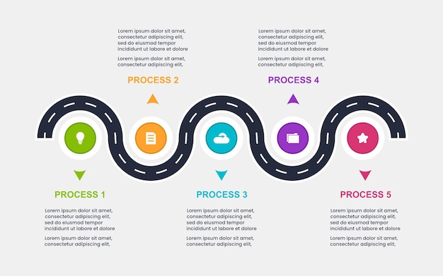 Plantilla de infografía de línea de tiempo de hoja de ruta con 5 opciones para informe anual y presentación