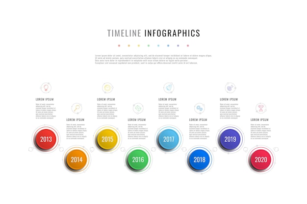 Plantilla de infografía de línea de tiempo horizontal con indicadores de año de elementos redondos y cuadros de texto