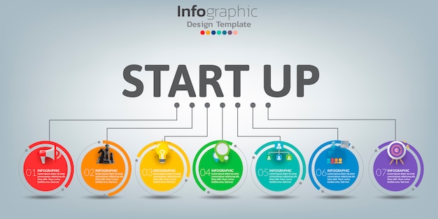 Plantilla de infografía línea de tiempo con iconos en concepto de inicio.