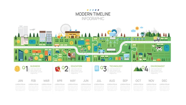 Plantilla de infografía de línea de tiempo de rompecabezas de hoja de ruta comercial Calendario de diagrama de línea de tiempo de elemento de hito moderno y temas de 4 trimestres Se puede usar para presentaciones de datos de marketing digital de infografía vectorial