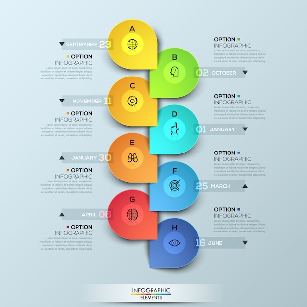 Plantilla de infografía con línea de tiempo vertical y 8 elementos conectados.