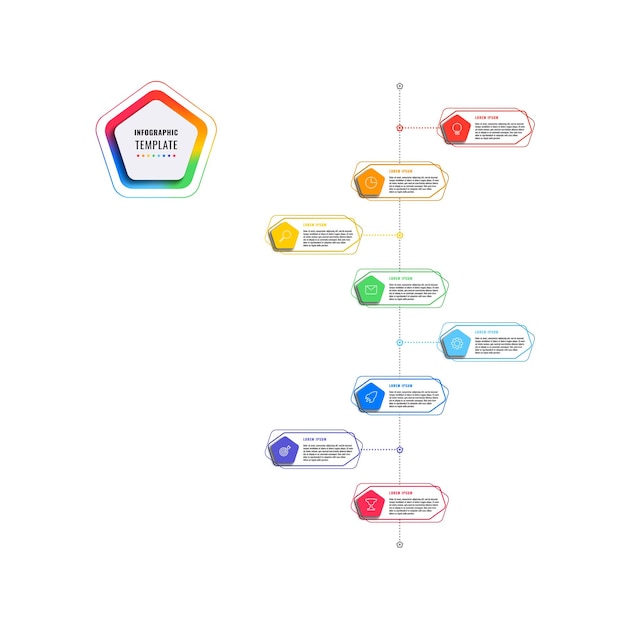 Plantilla de infografía de línea de tiempo vertical de 8 pasos con pentágonos y elementos poligonales