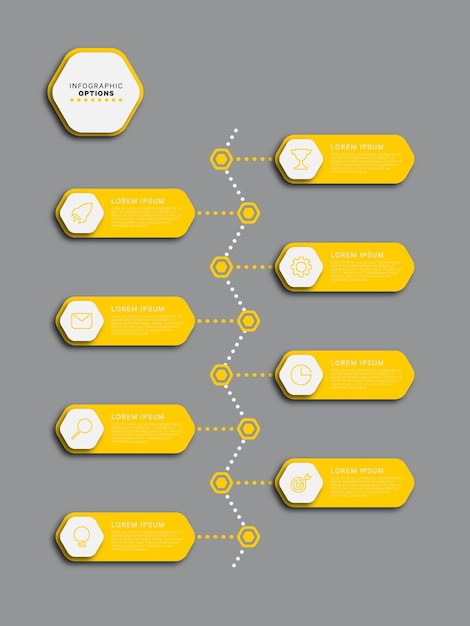 Plantilla de infografía de línea de tiempo vertical con ocho elementos hexagonales amarillos sobre fondo gris