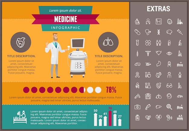 Vector plantilla de infografía medicina, elementos e iconos