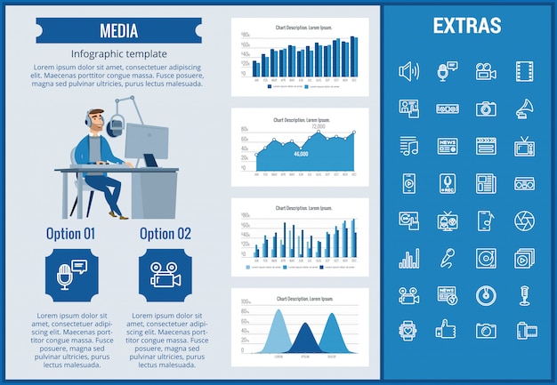 Vector plantilla de infografía de medios, elementos e iconos