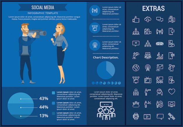 Plantilla de infografía de medios sociales, elementos, iconos