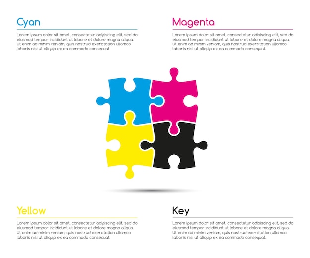 Vector plantilla de infografía minimalista con cuatro piezas de rompecabezas en colores cmyk para su ilustración vectorial de proyecto de negocio