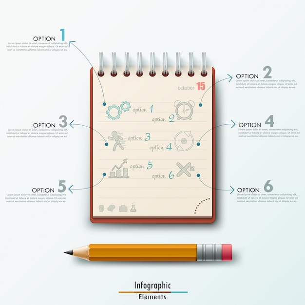 Plantilla de infografía moderna con bloc de notas y lápiz