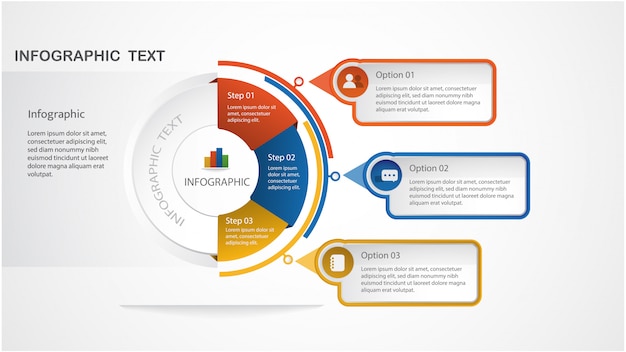 Plantilla de infografía moderna con forma de círculo y con pasos para el diseño del flujo de trabajo, diagrama, opciones numéricas, opciones de aumento