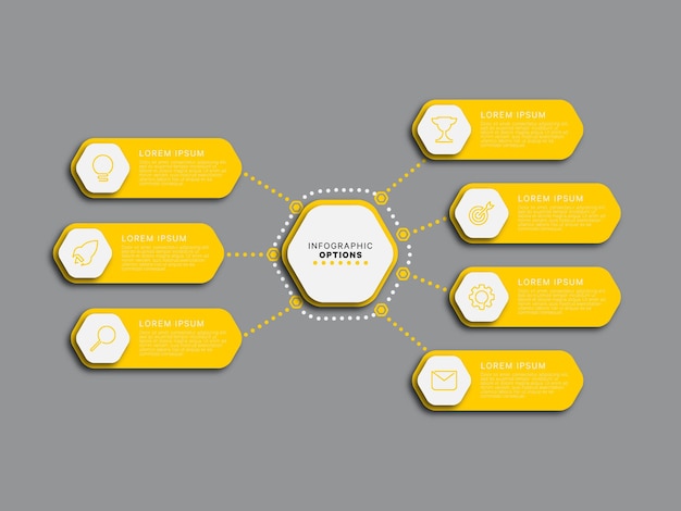 Plantilla de infografía moderna con siete elementos hexagonales amarillos sobre un fondo gris