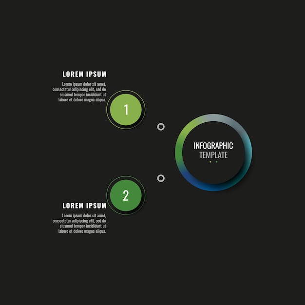 Plantilla de infografía moderna vertical con dos elementos realistas redondos sobre un fondo negro