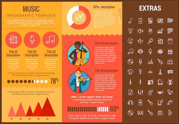 Plantilla de infografía de música, elementos e iconos