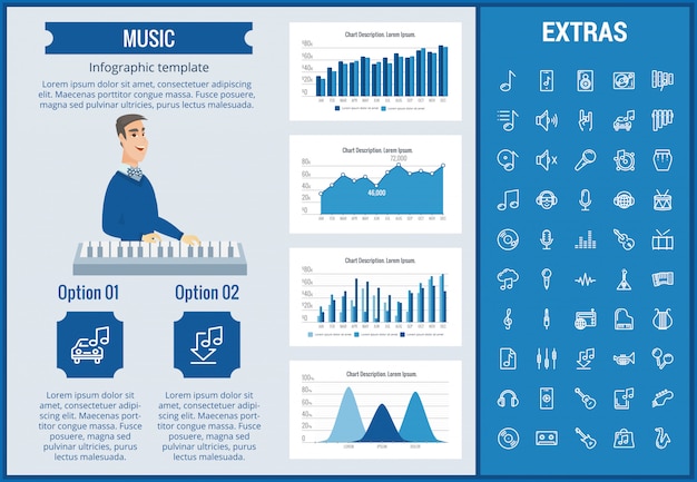 Plantilla de infografía de música, elementos e iconos