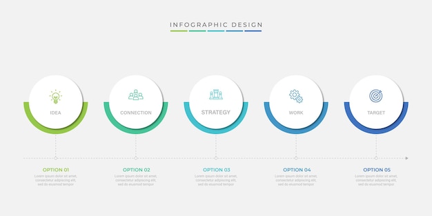 Plantilla de infografía de negocios 5 etapas de viaje en línea de tiempo Diagrama de proceso 5 opciones en fondo blanco Ilustración vectorial de elementos de infografía