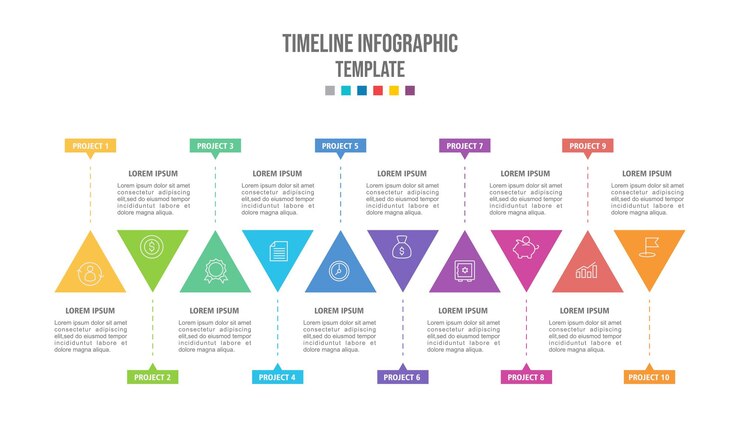 Vector plantilla de infografía de negocios abstracta con 10 triángulos en el diagrama de línea de tiempo