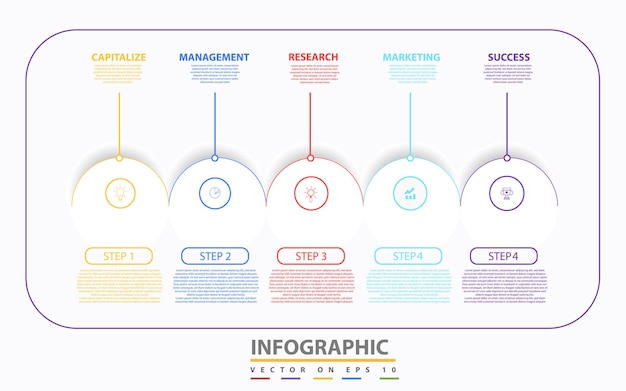 Plantilla de infografía para negocios. Diagrama de línea de tiempo moderno de 5 pasos con flechas de progreso