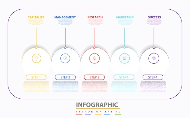 Plantilla de infografía para negocios. diagrama de línea de tiempo moderno de 5 pasos con flechas de progreso