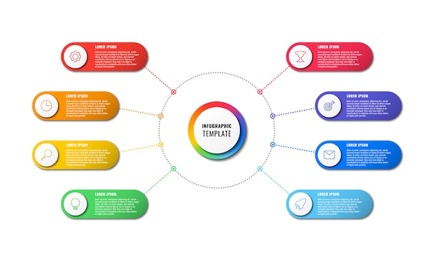 Plantilla de infografía con ocho elementos redondos sobre fondo blanco. visualización moderna de procesos comerciales con marketing de línea delgada