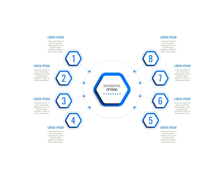 Vector plantilla de infografía de ocho pasos con elementos hexagonales azules con sombra sobre un fondo blanco