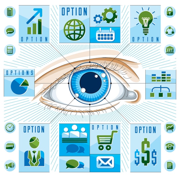 Plantilla de infografía, ojo humano, idea de ojo de mirada, ilustración vectorial.