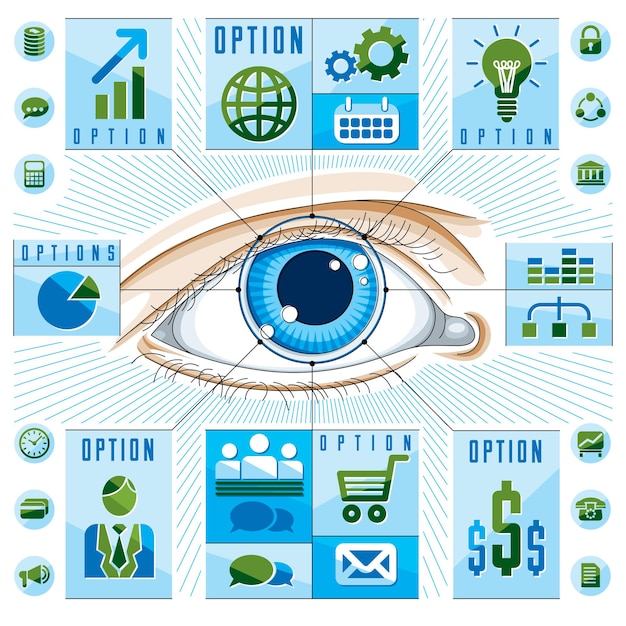 Vector plantilla de infografía, ojo humano, idea de ojo de mirada, ilustración vectorial.