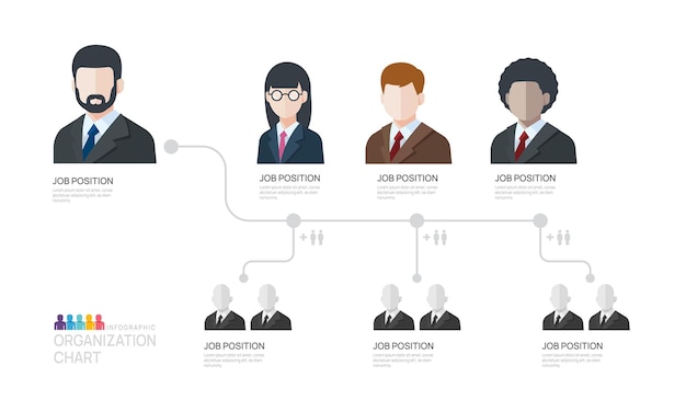 Plantilla de infografía para organigrama con iconos de avatar empresarial infografía vectorial para empresas