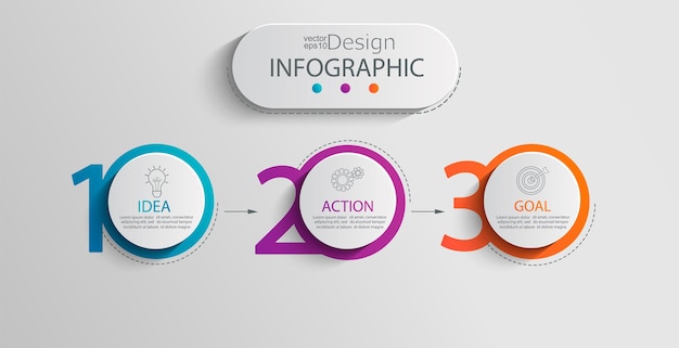 Vector plantilla de infografía en papel con 3 opciones de círculo para presentación y visualización de datos. diagrama de proceso empresarial diagrama con tres pasos para el éxito para contenido, diagrama de flujo, flujo de trabajo ilustración vectorial