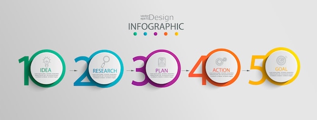 Vector plantilla de infografía en papel con 5 opciones de círculo para presentación y visualización de datos. diagrama de proceso empresarial diagrama con cinco pasos para el éxito para el contenido, diagrama de flujo, flujo de trabajo ilustración vectorial