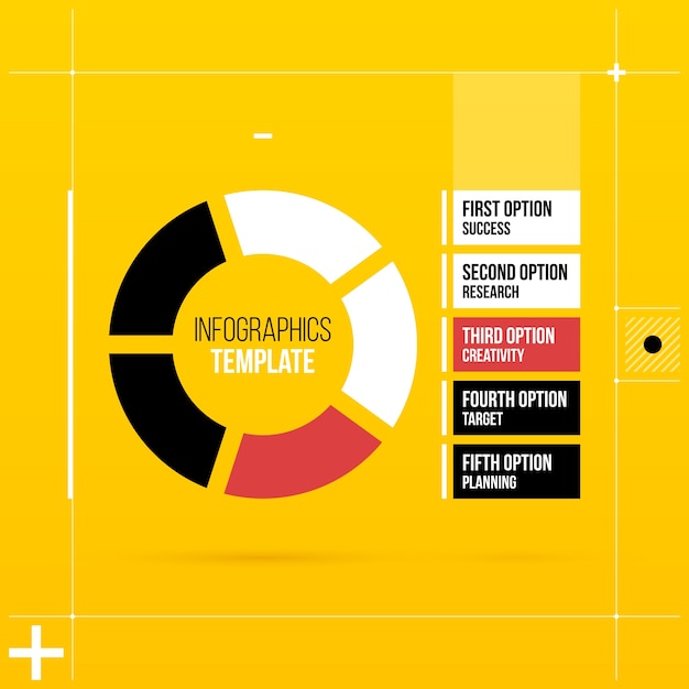 Plantilla de infografía de pastel con cinco segmentos en el estilo de alta tecnología colorido sobre fondo amarillo brillante