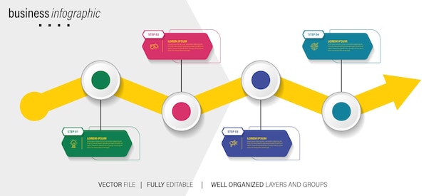 Vector plantilla de infografía de puntos moderna con 4 pasos plantilla de círculo empresarial con opciones para folleto