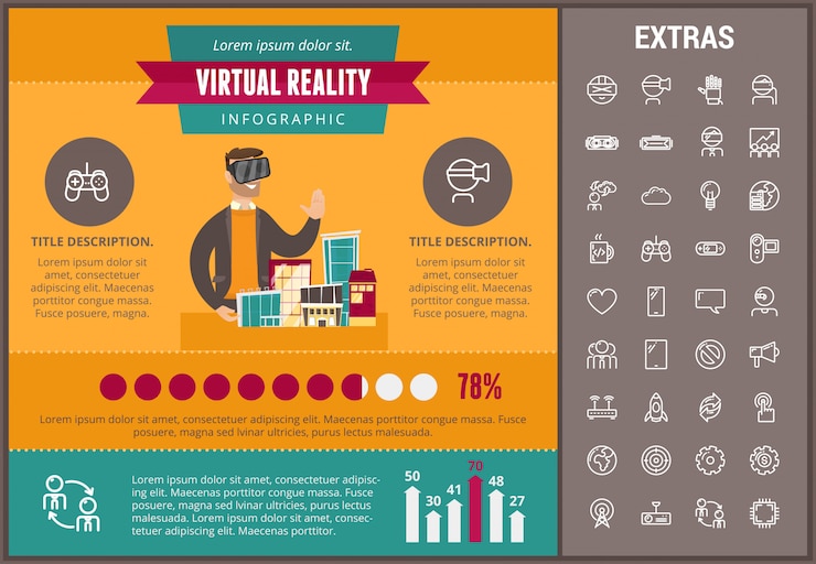 Vector plantilla de infografía de realidad virtual y elementos.