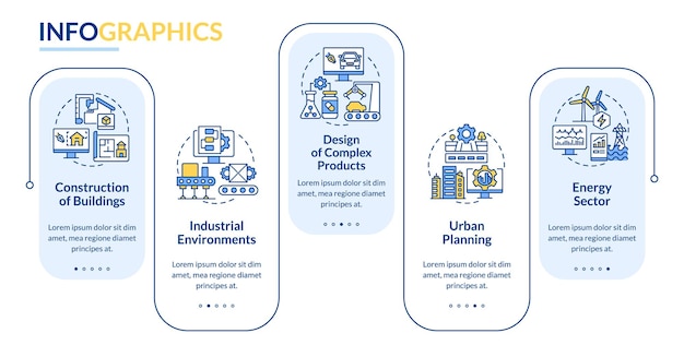 Plantilla de infografía de rectángulo de situaciones de uso de gemelos digitales. diseño de producto. visualización de datos con 5 pasos. gráfico de información de la línea de tiempo del proceso. diseño de flujo de trabajo con iconos de línea. lato-bold, fuentes regulares utilizadas