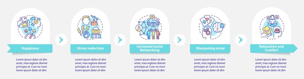 Plantilla de infografía redonda de rasgos positivos de juego Servicio de casino Visualización de datos con 5 pasos Gráfico de información de la línea de tiempo del proceso Diseño de flujo de trabajo con iconos de línea Myriad ProBold Fuentes regulares utilizadas