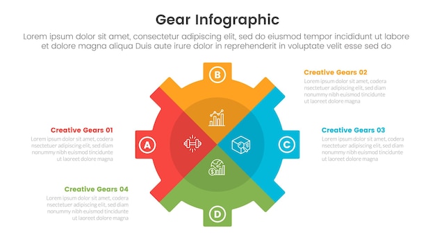 plantilla de infografía de rueda dentada banner con forma grande con separación de rebanadas x con información de lista de 4 puntos para la presentación de diapositivas