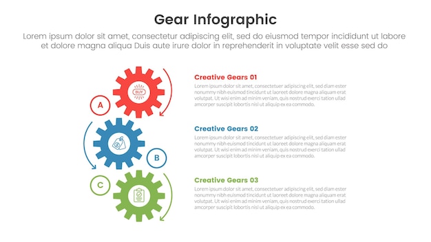 plantilla de infografía de rueda dentada de engranajes banner con estructura de engrenaje vertical combinación creativa con información de lista de 3 puntos para presentación de diapositivas