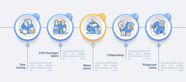 Plantilla de infografía de seguridad para niños. elementos de diseño de presentación a prueba de niños. seguridad en el patio de recreo. visualización de datos con 5 pasos. gráfico de la línea de tiempo del proceso. diseño de flujo de trabajo con iconos lineales