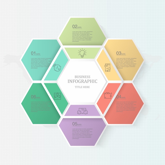 Plantilla de infografía seis elementos para el concepto de negocio actual.