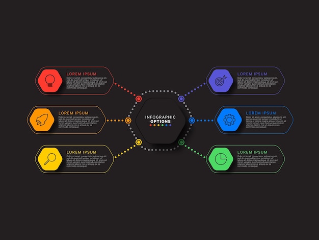 plantilla de infografía con seis elementos hexagonales sobre fondo negro proceso de negocio moderno
