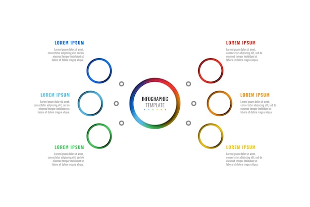 Plantilla de infografía con seis elementos multicolores redondos sobre un fondo blanco