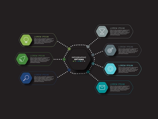 Plantilla de infografía con siete elementos hexagonales multicolores sobre fondo negro