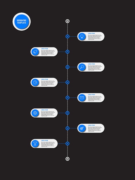 Plantilla de infografía con siete iconos de elementos rojos redondos y texto sobre un fondo negro